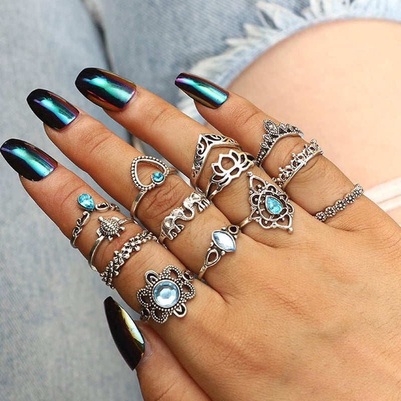 17mile 82 Pcs Vintage Silver Knuckle Rings Set for Women, Bohemian Stackable Joint Finger Rings, Retro Stone Crystal Stacking Midi Rings Pack - Image 4